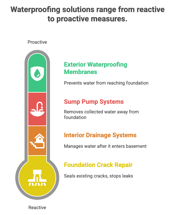Waterproofing solutions range from reactive to proactive measures.
